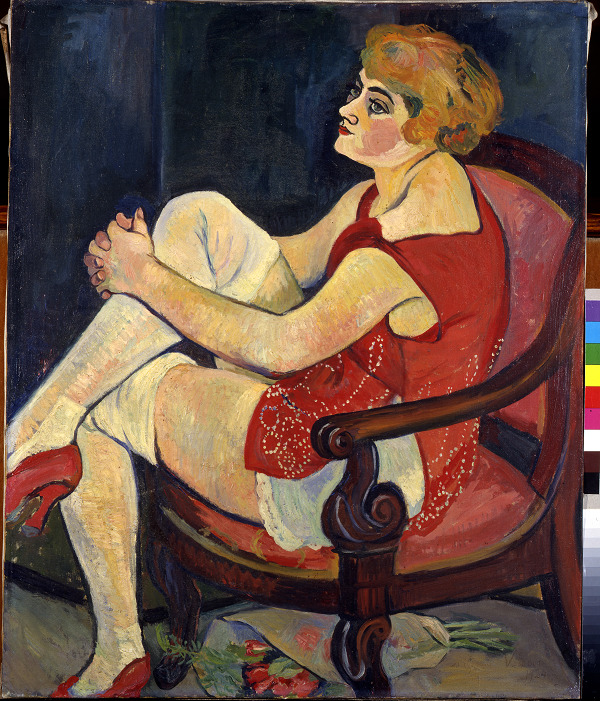 peinture femme assise robe rouge
